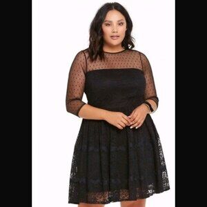 Torrid Black Lace Skater Dress Polka Dot Mesh Plus Size Party Cocktail Size 22